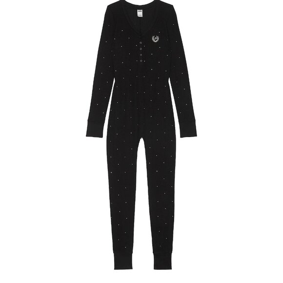 PINK Victoria's Secret Black Thermal Bling One Piece Pajama - Picture 1 of 4